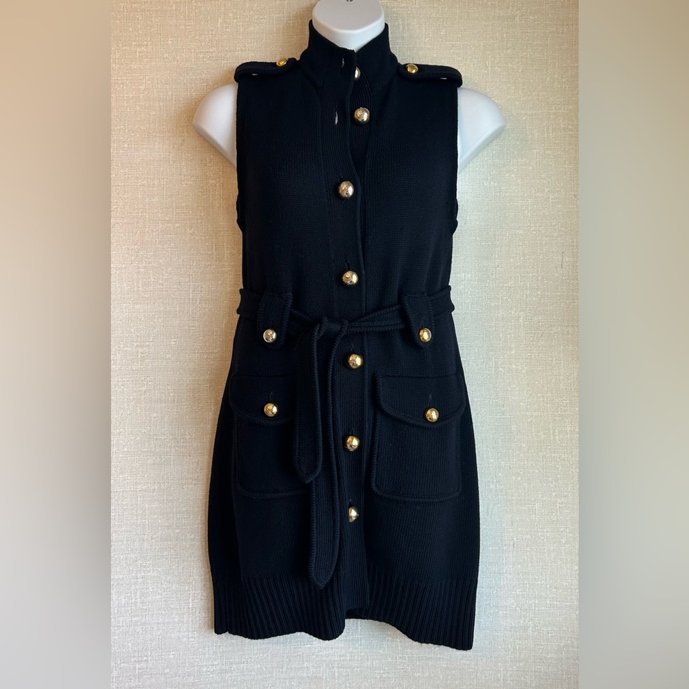 TORY BURCH Navy Sweater Dress Sleeveless 100% Merino Wool Gold Button Belt Small